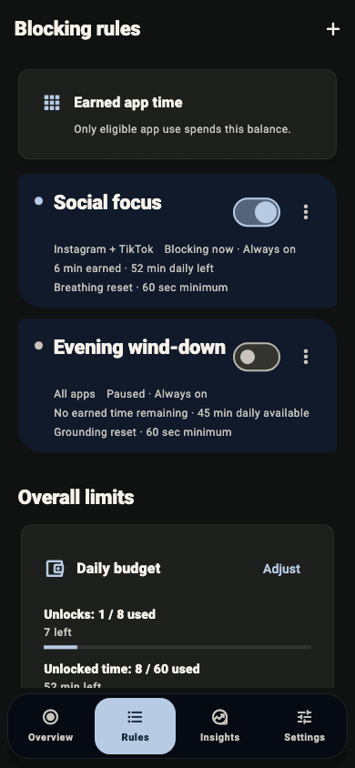 Habit Protector rules screen showing selected apps and earned access